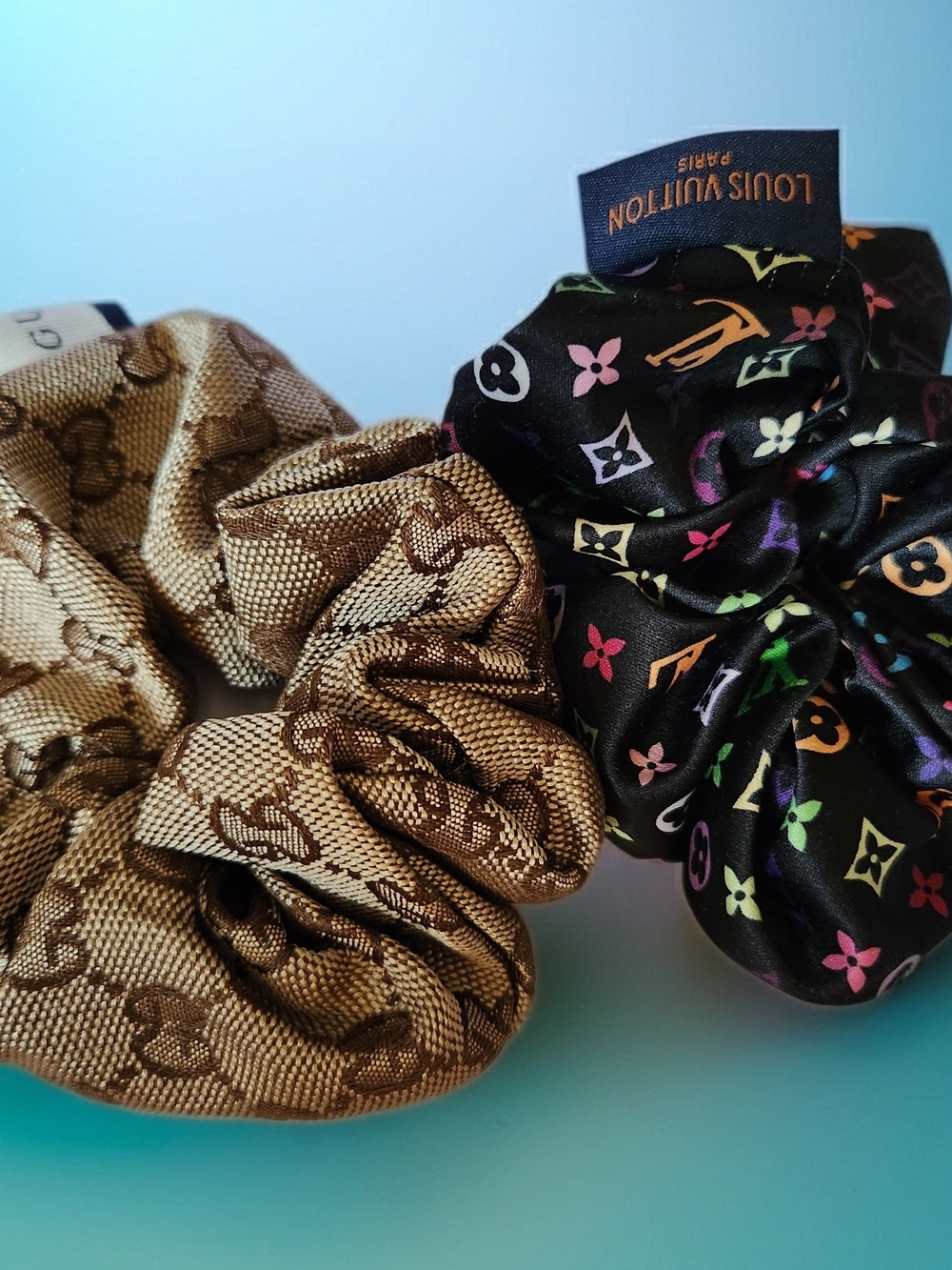 Louis Vuitton Black Multicolor Logo & Gucci Gold Monogram Scrunchie
